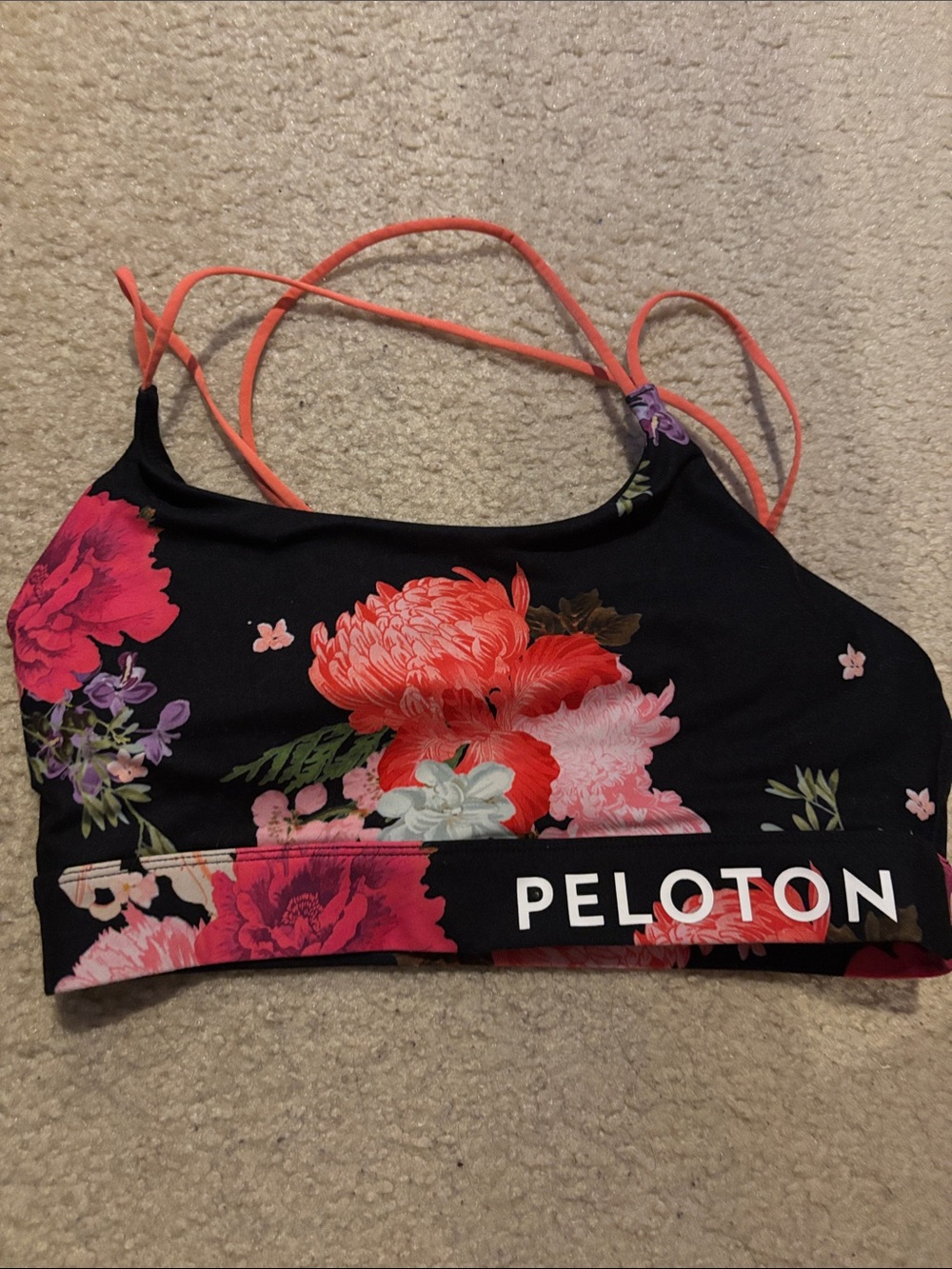 Peloton Black Floral Strappy Sports Bra with Coral and Pink Flowers - Medium